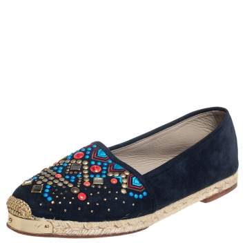 مملوكة مسبقًا Giuseppe Zanotti Navy Blue Suede Embellished Flat Espadrilles Size 39 