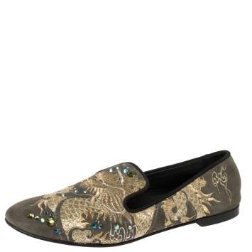 Pre Owned Giuseppe Zanotti Grey Suede Embroidered and Crystal Embellished Slip On Loafers Size 41
