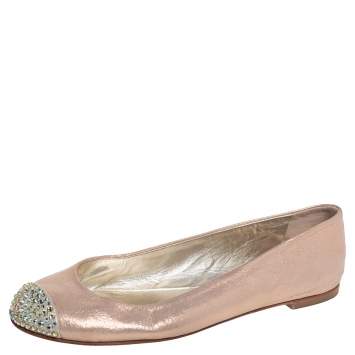 Pre Owned Giuseppe Zanotti Metallic Beige Leather Crystal Embellished Cap Toe Ballet Flats Size 38