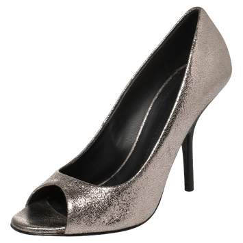 Pre Owned Giuseppe Zanotti Silver Crackle Leather Peep Toe Pumps Size 40