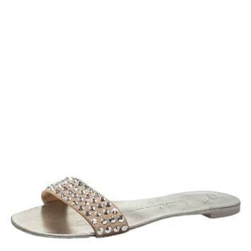 Pre Owned Giuseppe Zanotti Beige Suede Crystal Slide Sandals Size 38.5