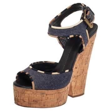 Pre Owned Giuseppe Zanotti Dark Wash Denim Cork Heel Platform Ankle Strap Sandals Size 39
