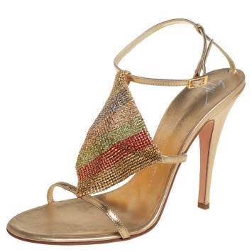 Pre Owned Giuseppe Zanotti Gold Leather Crystal Embellished Sandals Size 41