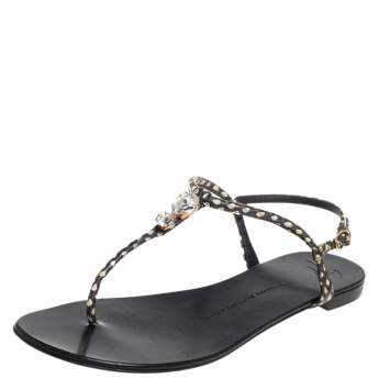 Pre Owned Giuseppe Zanotti Beige/Brown Python Embossed Leather  T Strip Sandals Size 38.5