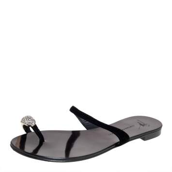Pre Owned Giuseppe Zanotti Black Velvet Crystal Embellished Toe Ring Flat Sandals Size 37