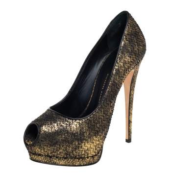 Pre Owned Giuseppe Zanotti Gold/Black Python Embossed Leather Peep Toe Platform Pumps Size 38.5