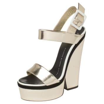 Pre Owned Giuseppe Zanotti Metallic Gold Leather Platform Ankle Strap Sandals Size 36.5