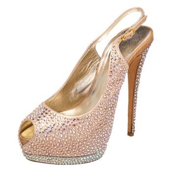 Pre Owned Giuseppe Zanotti Pink Leather Embellished Peep Toe Slingback Sandals Size 40