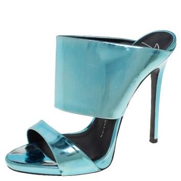 Pre Owned Giuseppe Zanotti Metallic Blue Leather Wide Strap Sandals Size 37.5