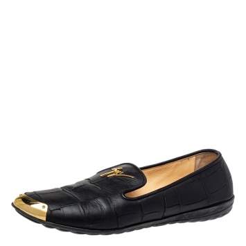 Pre Owned Giuseppe Zanotti Black Croc Embossed Leather Slip On Loafers Size 37.5