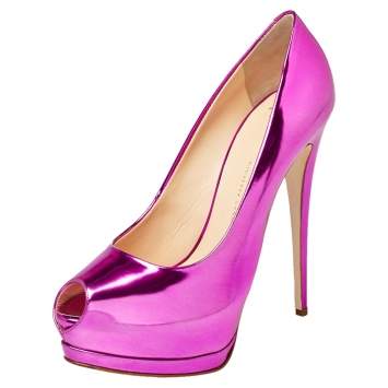 Pre Owned Giuseppe Zanotti Metallic Pink Mirrored Leather Peep Toe Platform Pumps Size 40