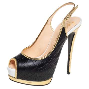 Pre Owned Giuseppe Zanotti Black/Gold Croc Embossed Leather Peep Toe Platform Slingback Sandals Size 38