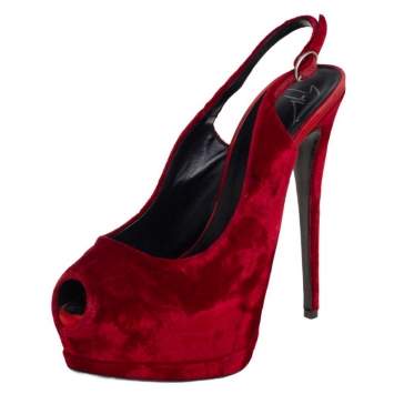 Pre Owned Giuseppe Zanotti Red Velvet  Peep Toe Slingback Platform Sandals Size 38.5