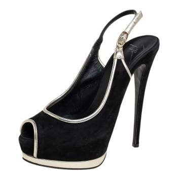 Pre Owned Guiseppe Zannotti Black/Silver Suede And Leather Trim Peep Toe Slingback Platform Sandals Size 37.5