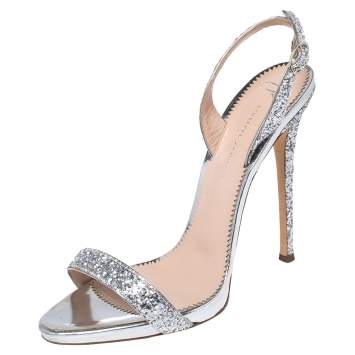 Pre Owned Giuseppe Zanotti Silver Glitter Open Toe Slingback Sandals Size 39.5