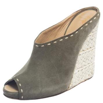 Pre Owned Giuseppe Zanotti Grey Suede Espadrille Wedge Peep Toe Mules Size 39.5