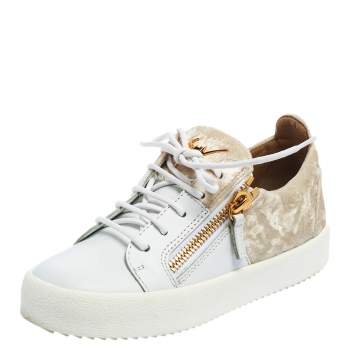 مملوكة مسبقًا Giuseppe Zanotti White/Cream Velvet And Leather Frankie Low Top Sneakers Size 36