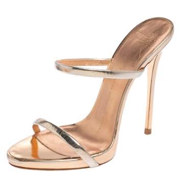 Pre Owned Giuseppe Zanotti Metallic Rose Gold Leather Open Toe Slides Size 36