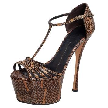 Pre Owned Giuseppe Zanotti Brown/Beige Python  Leather T Strap Sasha Platform Sandals Size 37