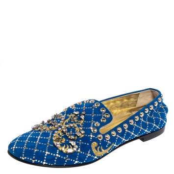 Pre Owned Giuseppe Zanotti Blue Suede Studded Smoking Slippers Size 39