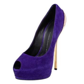 Pre Owned Giuseppe Zanotti Blue Suede Nana Metal Peep Toe Pumps Size 39