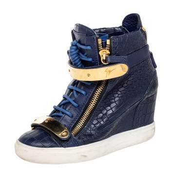 Pre Owned Giuseppe Zanotti Blue Croc Embossed Leather Coby Wedge Sneakers Size 38.5