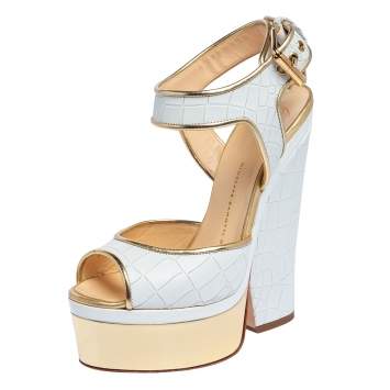 Pre Owned Giuseppe Zanotti White Croc Embossed Leather Peep Toe Platform Sandals Size 36.5