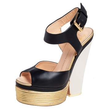 Pre Owned Giuseppe Zanotti Gold/Black Leather Peep Toe Platform Sandals Size 36.5
