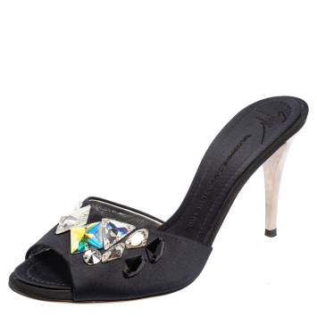 Pre Owned Giuseppe Zanotti Blue Satin Crystal Embellished Peep Toe Mule Sandals Size 40