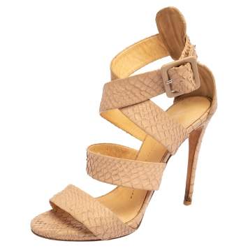 Pre Owned Giuseppe Zanotti Beige Python Embossed Leather Strappy Sandals Size 38.5
