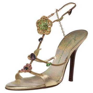 Pre Owned Giuseppe Zanotti Gold Leather Crystal Embellished Ankle Strap Sandals Size 36