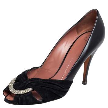 Pre Owned Giuseppe Zanotti Black Leather and Suede Crystal Embellished Peep Toe Pumps Size 37.5