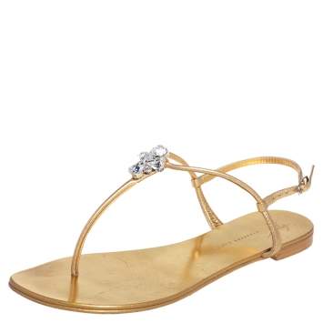 مملوكة مسبقًا Giuseppe Zanotti Gold Leather Thong Flat Sandals Size 38.5