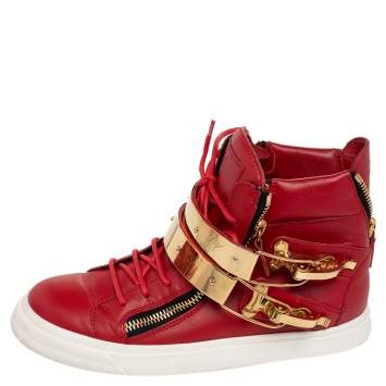 Pre Owned Giuseppe Zanotti Red Leather London Double Buckle High Top Sneakers Size 39 