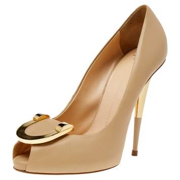 Pre Owned Giuseppe Zanotti Beige Leather Metal Trim Peep Toe Pumps Size 39.5