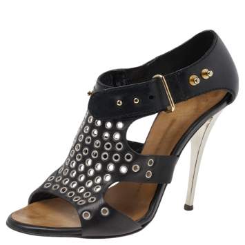 Pre Owned Giuseppe Zanotti Black Leather Eyelet Ankle Strap Sandals Size 36