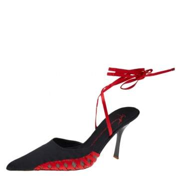 Pre Owned Giuseppe Zanotti Black/Red Satin And Mesh Ankle Wrap Sandals Size 40