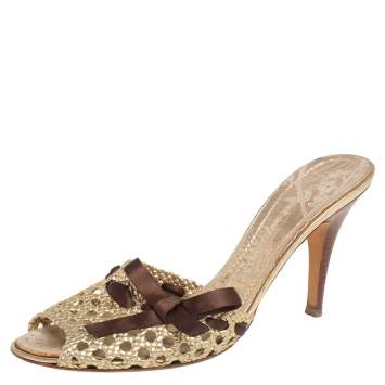 Pre Owned Giuseppe Zanotti Gold Woven Leather Slide Sandals Size 41
