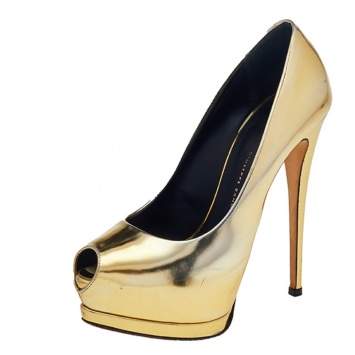 Pre Owned Giuseppe Zanotti Metallic Gold Mirror Leather Peep Toe Platform Pumps Size 37.5