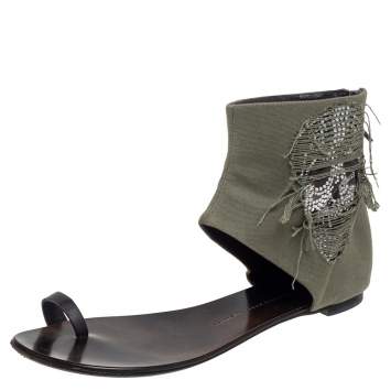 مملوكة مسبقًا Giuseppe Zanotti Green Canvas Skull Crystal Embellished Toe Ring Zipper Flats Size 41