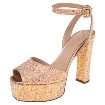 Pre Owned Giuseppe Zanotti Pink Coarse Glitter And Leather Ankle Strap Platform Sandals 40.5