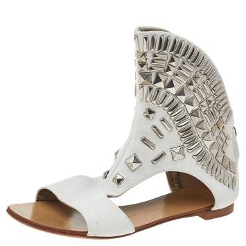 Pre Owned Giuseppe Zanotti White Leather Bootie Napa Blanco Flat Sandals Size 38