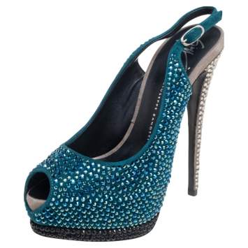 Pre Owned Giuseppe Zanotti Tri Color Suede Crystal Embellished Peep Toe Platform Slingback Sandals Size 37