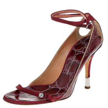 Pre Owned Giuseppe Zanotti Red Satin And Textured Leather Ankle Strap Sandals Size 38.5