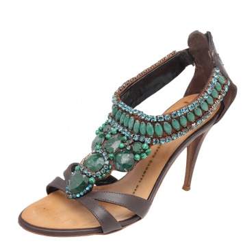 Pre Owned Giuseppe Zanotti Brown Leather Crystal Embellished Ankle Strap Sandals Size 35