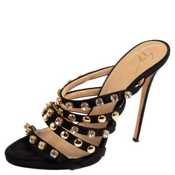 Pre Owned Giuseppe Zanotti Black Satin Crystal Embellished Slide Sandals Size 39