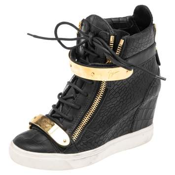 مملوكة مسبقًا Giuseppe Zanotti Black Croc Embossed Leather Lorenz Wedge Sneakers Size 37.5