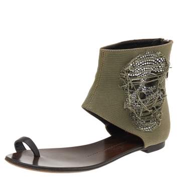 Pre Owned Giuseppe Zanotti Green Canvas Crystal Embellished Skull Toe Ring Zipper Flats Size 36