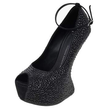 Pre Owned Giuseppe Zanotti Black Crystal Embellished Suede Heelless Peep Toe Platform Pumps Size 40.5