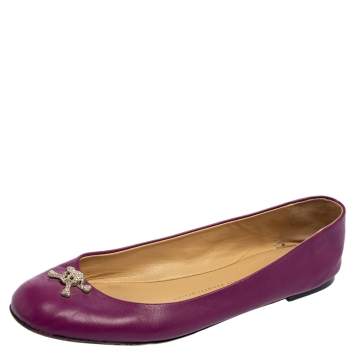 Pre Owned Giuseppe Zanotti Purple Leather Crystal Skull Embellishment Ballet Flats Size 39